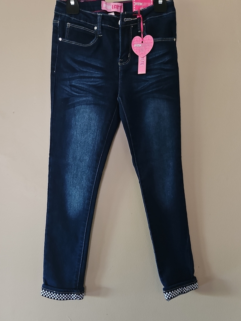 PinkLatte Girls Sz 8 Distressed Jeans With Checkerboard Cuff New